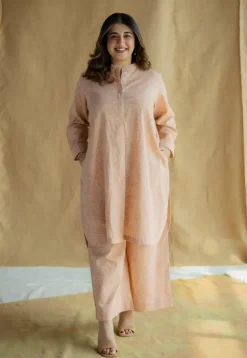 Riyah Peach Hand Block Print Slub Cotton A Line Kurta