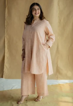 Riyah Peach Hand Block Print Slub Cotton A Line Kurta