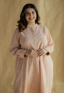 Riyah Peach Hand Block Print Slub Cotton A Line Kurta