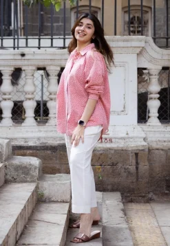 Ruhi Coral Hand Block Print Slub Cotton Anti-Fit Shirt