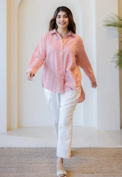 Ruhi Coral Hand Block Print Slub Cotton Anti-Fit Shirt