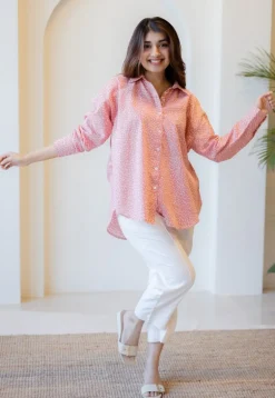 Ruhi Coral Hand Block Print Slub Cotton Anti-Fit Shirt