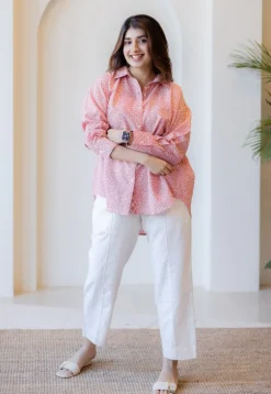 Ruhi Coral Hand Block Print Slub Cotton Anti-Fit Shirt