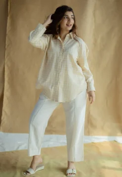 Ruhi Cream Hand Block Print Slub Cotton Anti-Fit Shirt