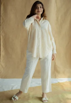 Ruhi Cream Hand Block Print Slub Cotton Anti-Fit Shirt