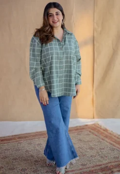 Ruhi Sage Green Dabu Slub Cotton Loose Shirt