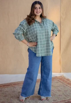 Ruhi Sage Green Dabu Slub Cotton Loose Shirt