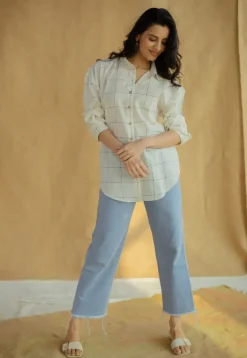 Ruhi White Block Printed Cotton Loose Shirt