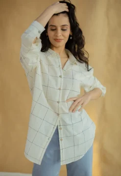 Ruhi White Block Printed Cotton Loose Shirt