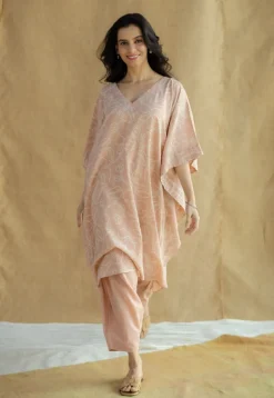 Sadiya Peach Hand Block Print Slub Cotton Anti-Fit Kaftan