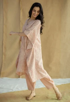 Sadiya Peach Hand Block Print Slub Cotton Anti-Fit Kaftan