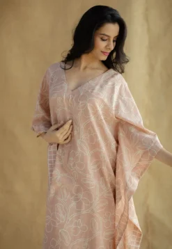 Sadiya Peach Hand Block Print Slub Cotton Anti-Fit Kaftan