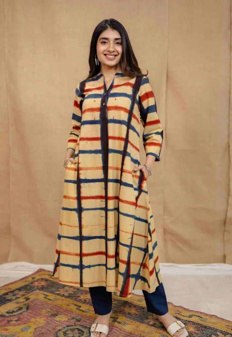 Safira Cream Clamp Dyed Cotton A Line Kurta