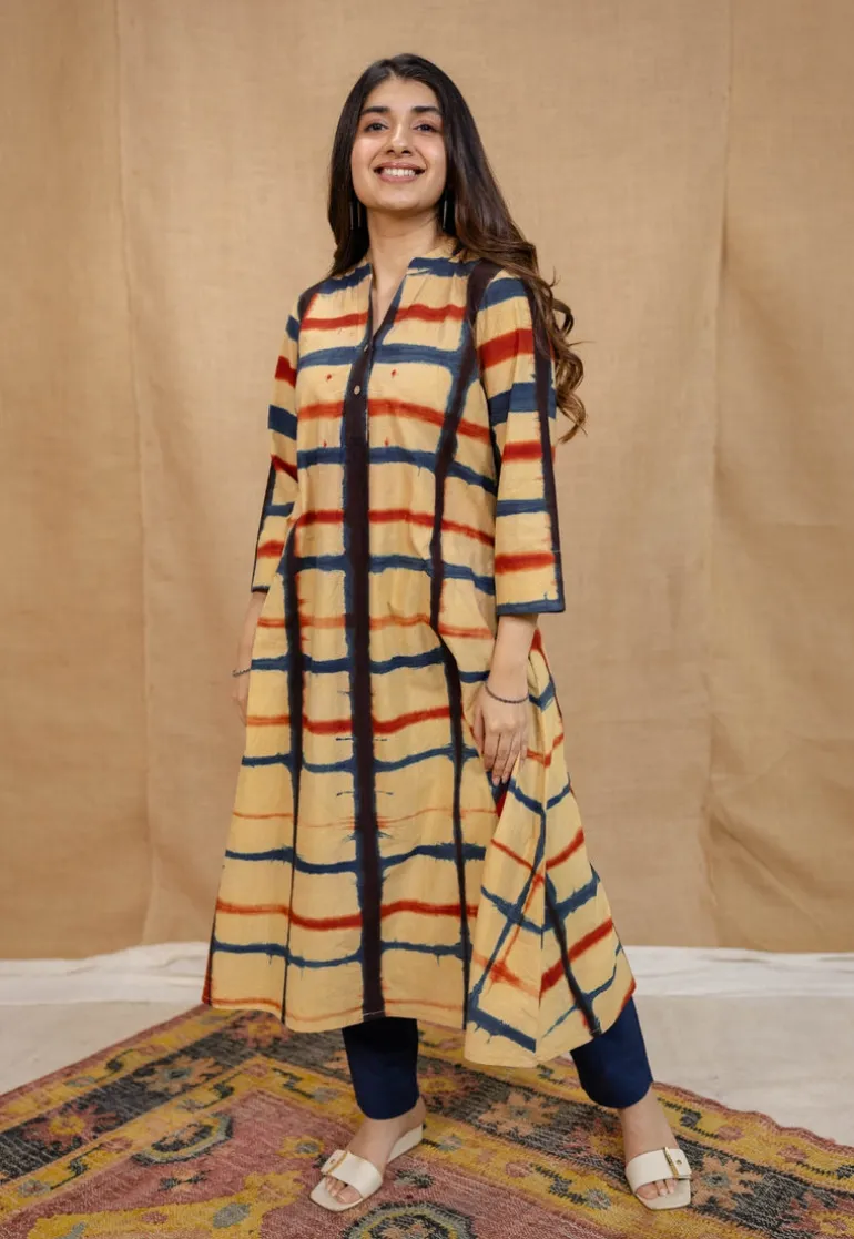 Safira Cream Clamp Dyed Cotton A Line Kurta