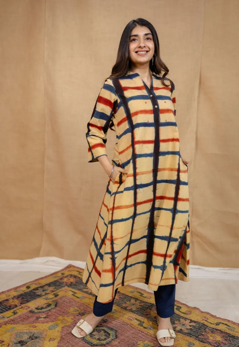 Safira Cream Clamp Dyed Cotton A Line Kurta