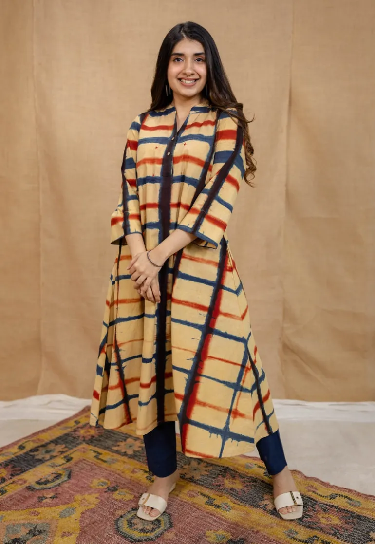 Safira Cream Clamp Dyed Cotton A Line Kurta
