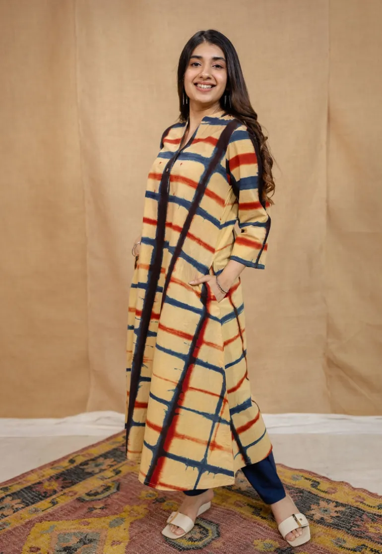 Safira Cream Clamp Dyed Cotton A Line Kurta
