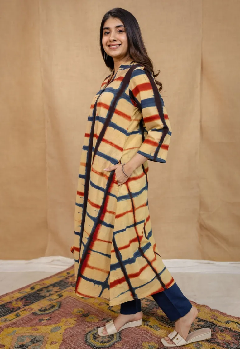 Safira Cream Clamp Dyed Cotton A Line Kurta