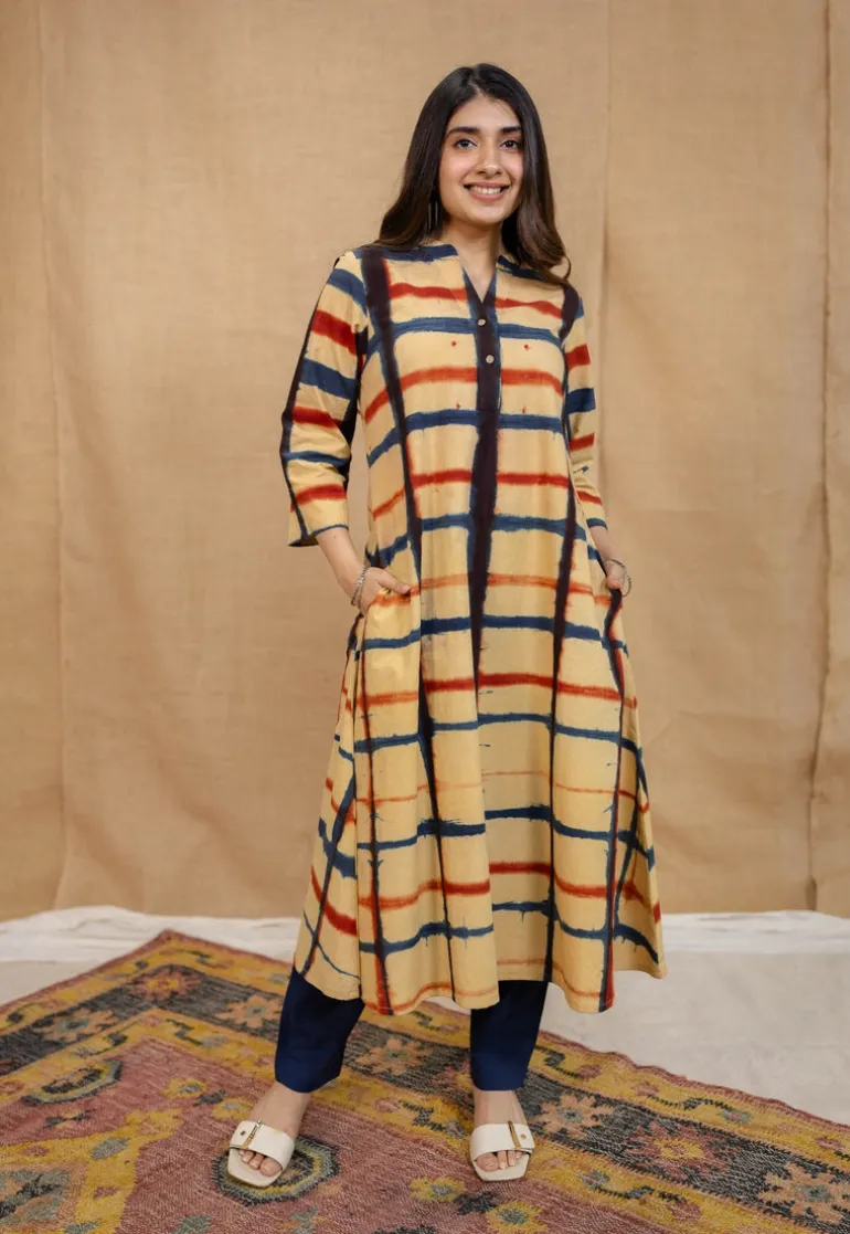 Safira Cream Clamp Dyed Cotton A Line Kurta
