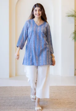 Sahar Blue Dabu Cotton Straight Short Top