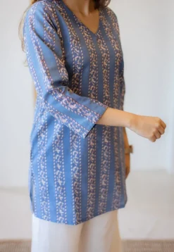 Sahar Blue Dabu Cotton Straight Short Top