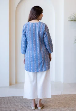 Sahar Blue Dabu Cotton Straight Short Top