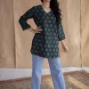 Sahar Dark Green Ajrakh Cotton Straight Short Top