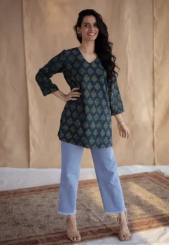 Sahar Dark Green Ajrakh Cotton Straight Short Top