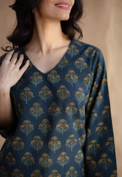 Sahar Dark Green Ajrakh Cotton Straight Short Top
