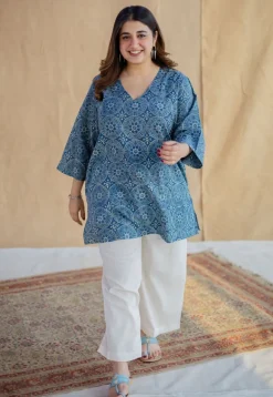 Sahar Indigo Ajrakh Cotton Straight Short Top
