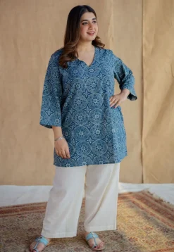 Sahar Indigo Ajrakh Cotton Straight Short Top
