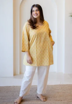 Sahar Yellow Sanganeri Cotton Straight Short Top