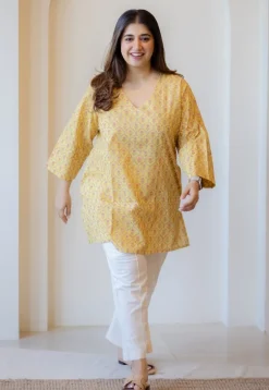 Sahar Yellow Sanganeri Cotton Straight Short Top