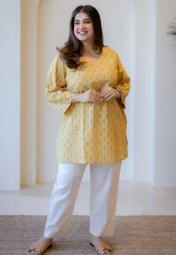 Sahar Yellow Sanganeri Cotton Straight Short Top