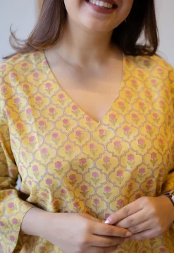 Sahar Yellow Sanganeri Cotton Straight Short Top
