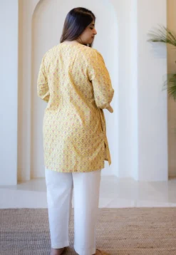Sahar Yellow Sanganeri Cotton Straight Short Top
