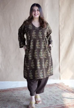 Saisha Brown Ajrakh Cotton Jhabba Kali Kurta with Hand Embroidery