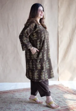 Saisha Brown Ajrakh Cotton Jhabba Kali Kurta with Hand Embroidery