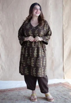 Saisha Brown Ajrakh Cotton Jhabba Kali Kurta with Hand Embroidery