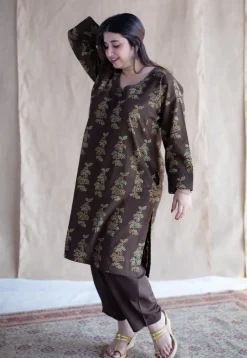 Saisha Brown Ajrakh Cotton Jhabba Kali Kurta with Hand Embroidery