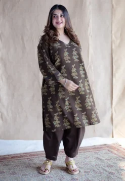 Saisha Brown Ajrakh Cotton Jhabba Kali Kurta with Hand Embroidery