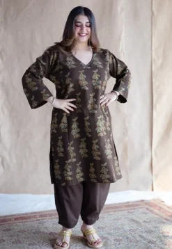Saisha Brown Ajrakh Cotton Jhabba Kali Kurta with Hand Embroidery