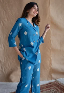 Samita Blue Straight Dabu Slub Cotton Co-ord Set (Set of 2)