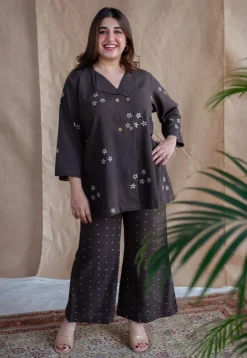 Samita Charcoal Straight Dabu Slub Cotton Co-ord Set (Set of 2)