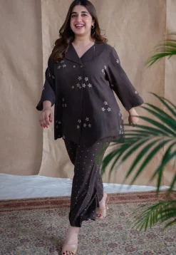 Samita Charcoal Straight Dabu Slub Cotton Co-ord Set (Set of 2)