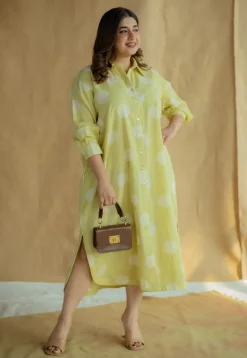 Samiyah Lime Green Hand Block Print Slub Cotton Shirt Dress