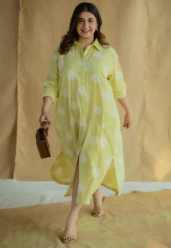 Samiyah Lime Green Hand Block Print Slub Cotton Shirt Dress
