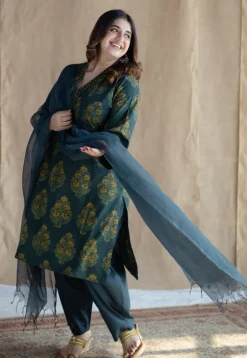 Sanya Green Ajrakh Cotton Straight Kurta with Hand Embroidery
