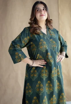 Sanya Green Ajrakh Cotton Straight Kurta with Hand Embroidery