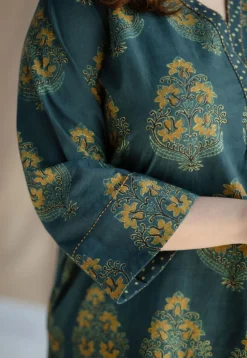 Sanya Green Ajrakh Cotton Straight Kurta with Hand Embroidery